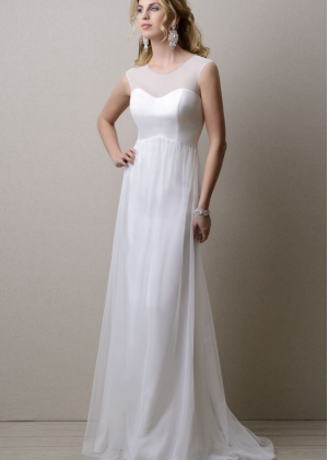 Sheer Neckline Ivory Satin Chiffon Keyhole Back Prom Dress
